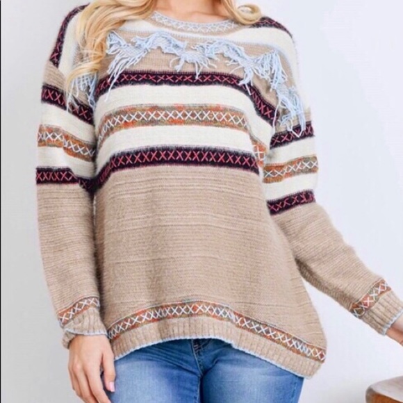 NWT! Clearance 🍒Tribal Style Tassel Trim Fringe Border SOFT Warm Cozy Sweater - Picture 5 of 11